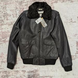 Men's Black Real Leather Jacket with Faux Fur Collar